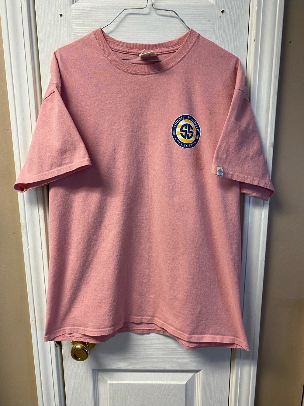 Simply Southern Pink Short Sleeve Tee with Small Chest Crest HAS A SPOT SEE PICS